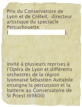 Prix du Conservatoire de Lyon et de Créteil,  directeur artistique du spectacle Percuchouette (www.percuchouette.com),





invité à plusieurs reprises à l’Opéra de Lyon et différents orchestres de la région lyonnaise Sébastien Avitabile enseigne la percussion et la batterie au Conservatoire de St Priest (69800)